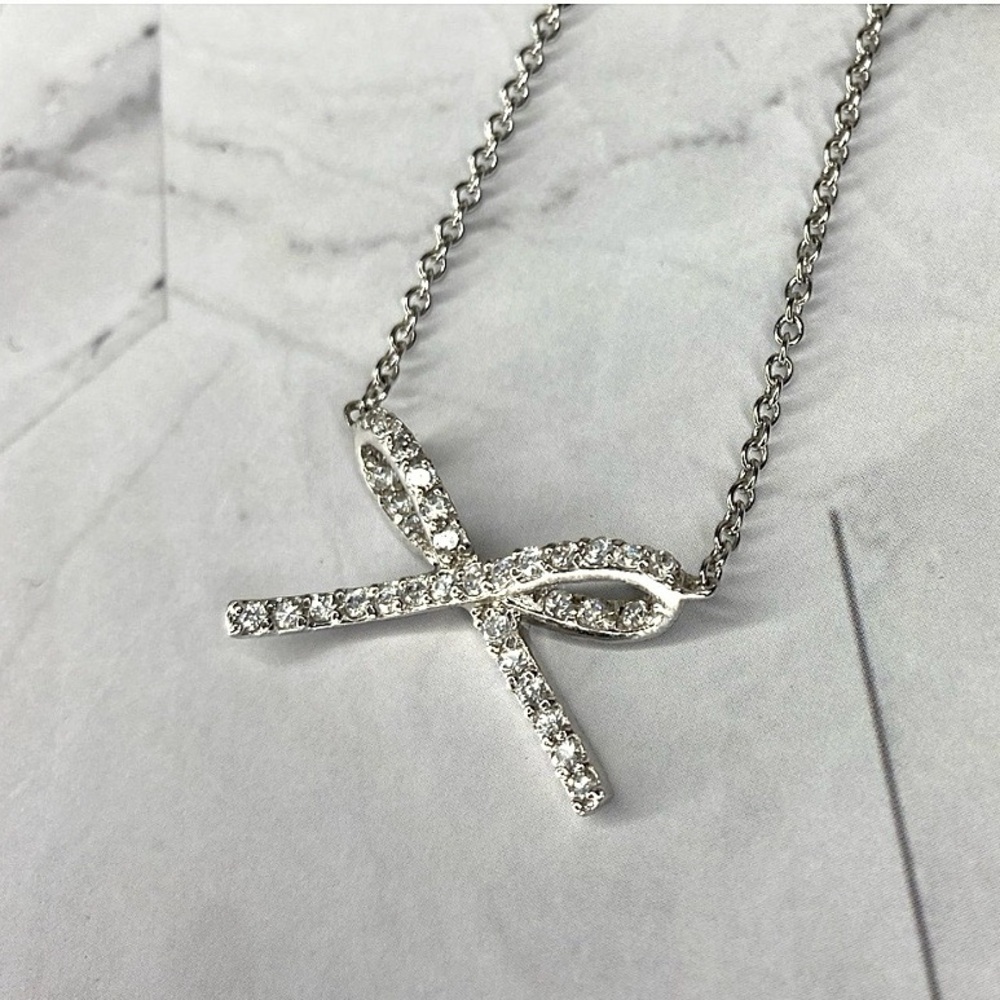 Sterling Silver 925 Bow Necklace With Cubic Zirconia Stones New Excellent Gift